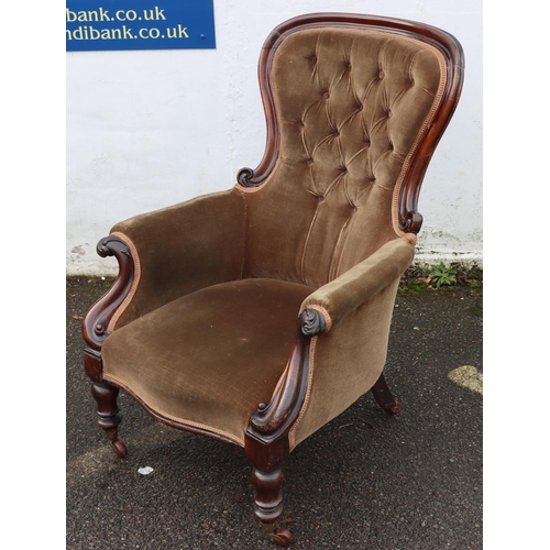 946 - A 19th Century mahogany spoon back armchair with brown velvet overstuffed seat, button back and padd... 