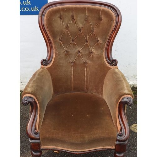 946 - A 19th Century mahogany spoon back armchair with brown velvet overstuffed seat, button back and padd... 