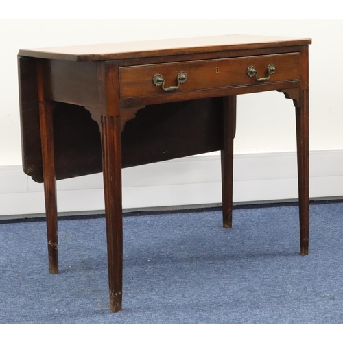 949 - A 19th Century mahogany side table with single drop leaf to back, 1 long drawer with drop brass hand... 