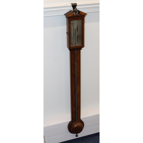 921 - Negretti & Zanbar, London, Edwardian mahogany stick barometer with thermometer, inlaid boxing, 101cm... 