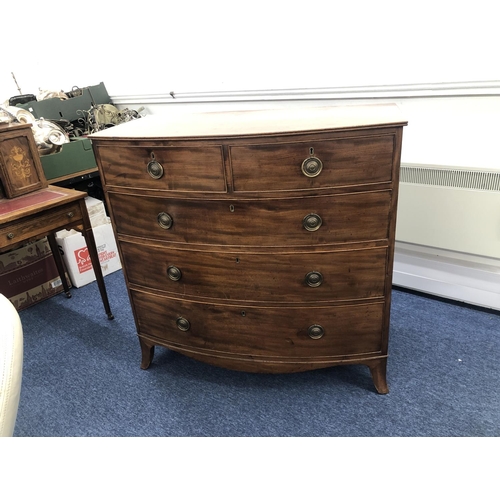 952 - A 19th century mahogany bow fronted chest of drawers (cut) 2 short 3 long graduated drawers on splay... 