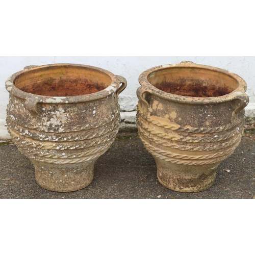 2001 - 2 stone 3-handled garden planters, 40cm high, diameter of top (excluding handles) 39cm. This Lot is ... 