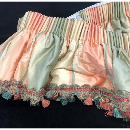 2060 - A pair of handmade cream, green and pink striped fully lined and thermal lined silk fabric curtains ... 