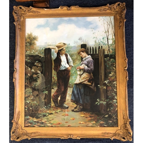 2074 - A modern coloured print on canvas of a young girl knitting and young man, 49cm x 59.5cm, in gilt fra... 