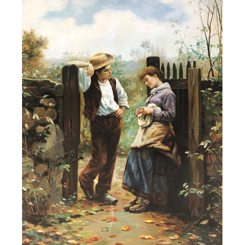 2074 - A modern coloured print on canvas of a young girl knitting and young man, 49cm x 59.5cm, in gilt fra... 