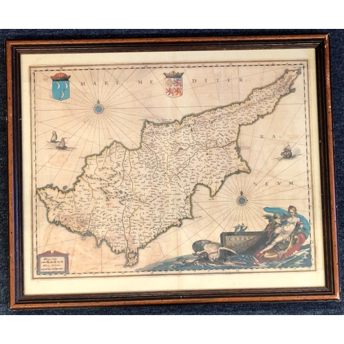 2075 - A coloured map of Cyprus, 52.5cm x 42.5cm, in wood frame.