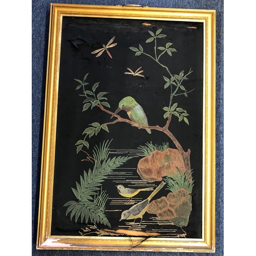 2077 - A painted black fabric picture of birds and trees, 51.5cm x 77cm in gilt frame with brass handle to ... 