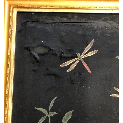 2077 - A painted black fabric picture of birds and trees, 51.5cm x 77cm in gilt frame with brass handle to ... 