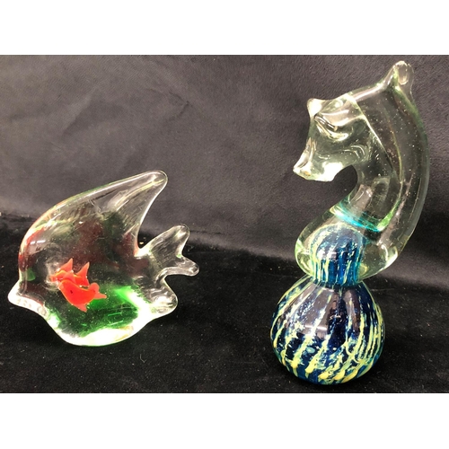 2085 - A glass Medina seahorse paperweight, a glass fish shaped paperweight, a boxed pair of HRH The Prince... 