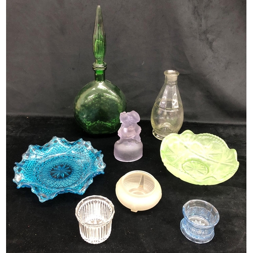 2088 - A green glass bottle with stopper, 39cm high, a blue glass bowl, a green glass bowl and various othe... 