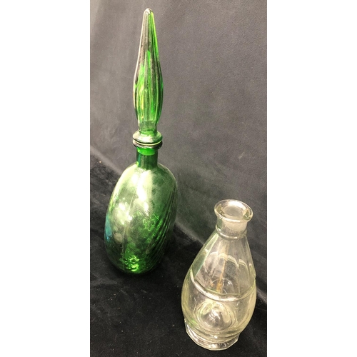 2088 - A green glass bottle with stopper, 39cm high, a blue glass bowl, a green glass bowl and various othe... 