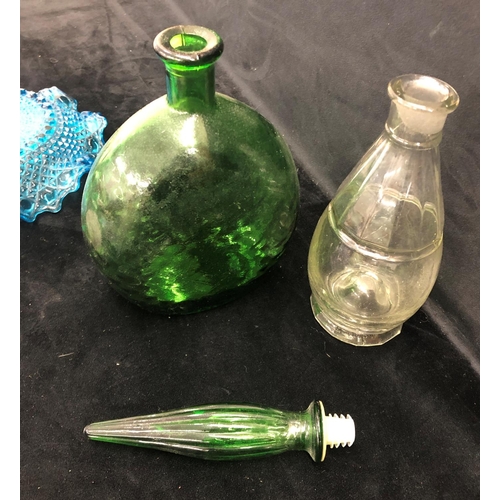 2088 - A green glass bottle with stopper, 39cm high, a blue glass bowl, a green glass bowl and various othe... 