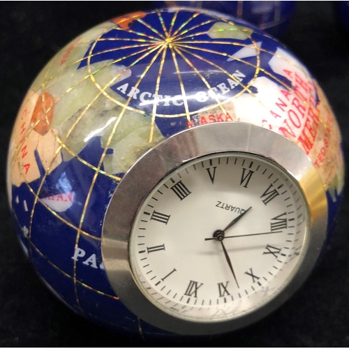 2091 - A globe shaped novelty clock and 2 matching scent bottles (top to 1 stopper loose), a glass rolling ... 