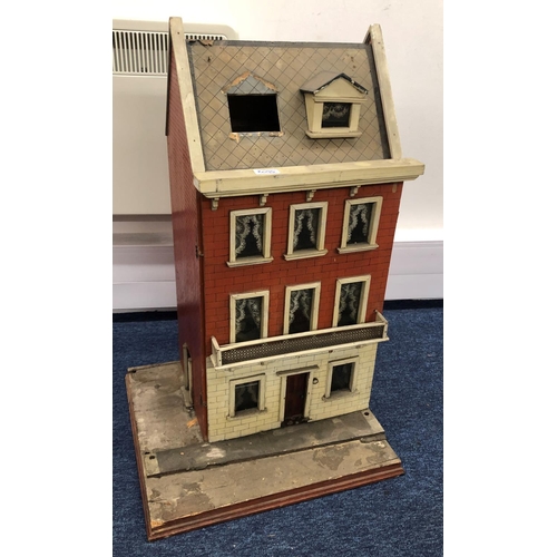 2095 - A smaller 19/20th Century dolls house with single door enclosing 3 floors, on wood plinth, 49cm wide... 