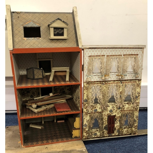 2095 - A smaller 19/20th Century dolls house with single door enclosing 3 floors, on wood plinth, 49cm wide... 