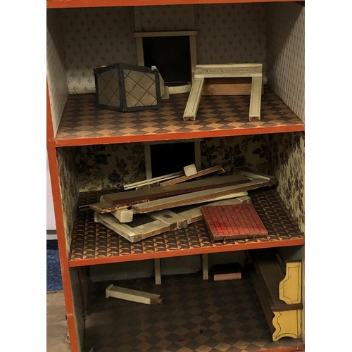 2095 - A smaller 19/20th Century dolls house with single door enclosing 3 floors, on wood plinth, 49cm wide... 