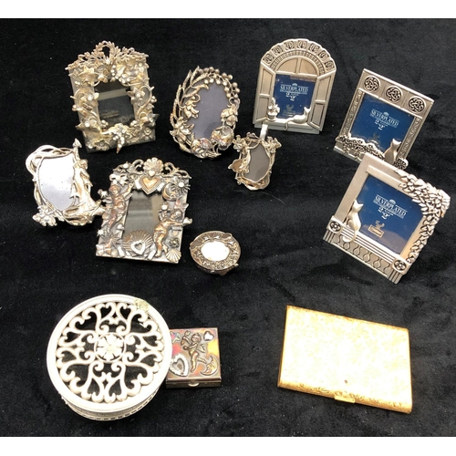 2103 - 3 miniature silver plated 5cm x 5cm photograph frames and various other miniature frames etc.