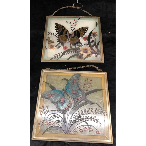 2104 - 7 advertising tiles 15 x 15cm, 2 stained glass hanging plates with butterflies, 26cm x 26cm, a Persi... 