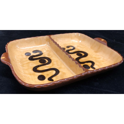 2141 - An English earthenware glazed dish 29cm x 21cm and a glazed earthenware flower arranging holder. (2)