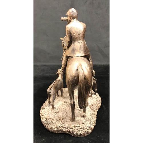 2142 - A handmade resin sculpture of a mounted huntsman and 2 dogs, 33cm high overall, Bowbrook Studios sti... 