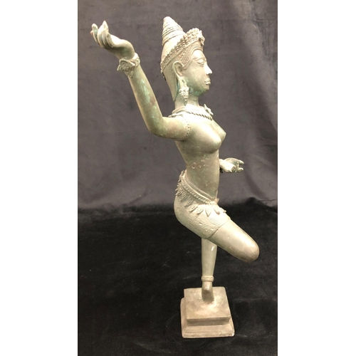 2152 - An Eastern spelter figure of a dancer on square base, 47cm high overall.