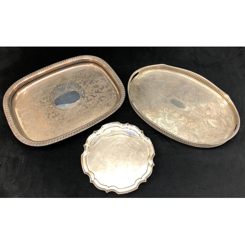 2159 - 3 silver plated trays, oval tray 46cm x 31cm, rectangular tray  45cm x 35.5cm, smallest 25.5cm diame... 