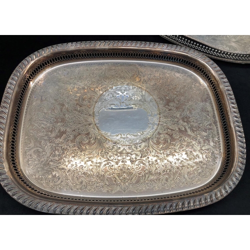 2159 - 3 silver plated trays, oval tray 46cm x 31cm, rectangular tray  45cm x 35.5cm, smallest 25.5cm diame... 