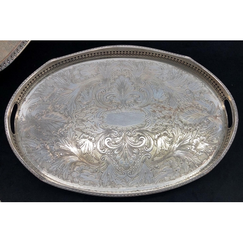 2159 - 3 silver plated trays, oval tray 46cm x 31cm, rectangular tray  45cm x 35.5cm, smallest 25.5cm diame... 