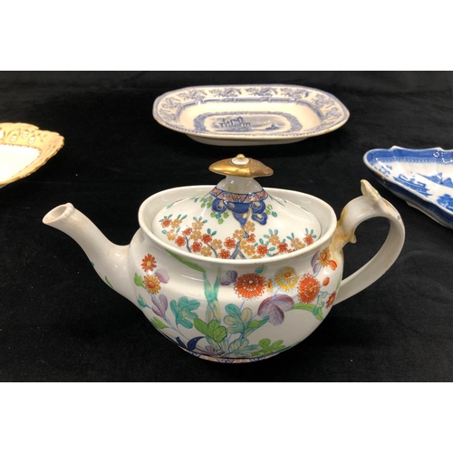 2160 - A Spode teapot (restored), a Coalport jug 14cm high, 3 blue and white dishes (1 restored) and variou... 