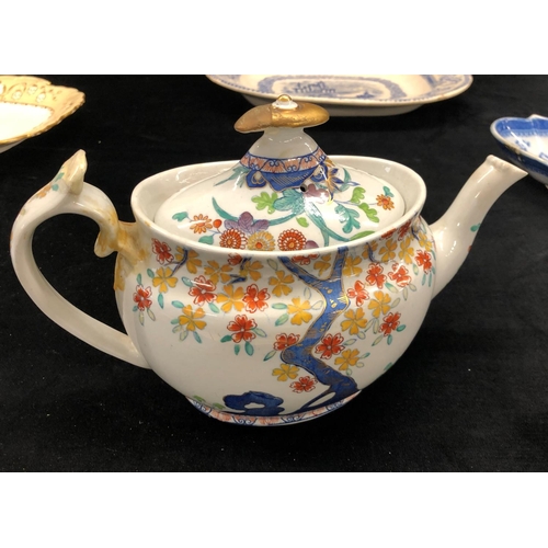 2160 - A Spode teapot (restored), a Coalport jug 14cm high, 3 blue and white dishes (1 restored) and variou... 