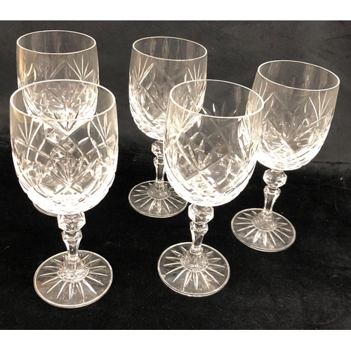 2162 - A cut glass decanter, a scent bottle  5 large wine glasses, and various other glasses.