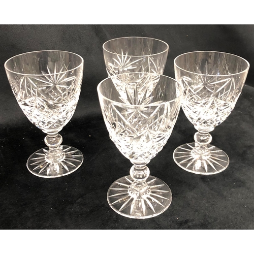 2162 - A cut glass decanter, a scent bottle  5 large wine glasses, and various other glasses.