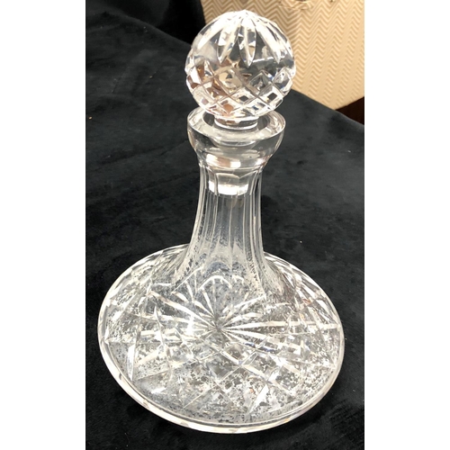 2162 - A cut glass decanter, a scent bottle  5 large wine glasses, and various other glasses.