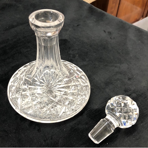 2162 - A cut glass decanter, a scent bottle  5 large wine glasses, and various other glasses.