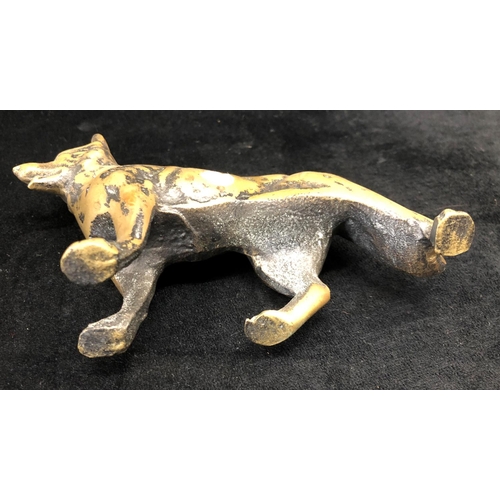 2182 - A brass Alsatian dog 11.5cm high, 17cm long and an iron doorbell with dog's head on square mount 12c... 