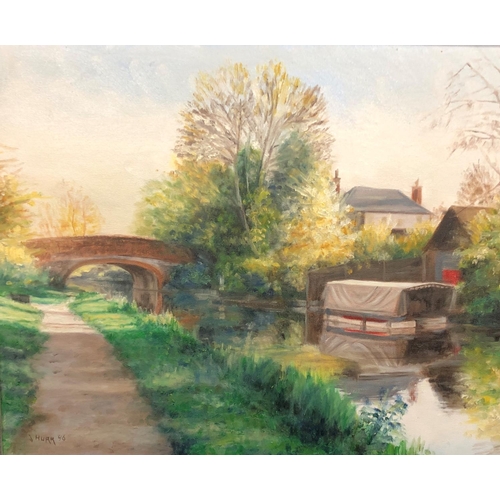 2184 - An oil on board depicting canal, bridge and buildings, signed John Hurr '96 to corner, labelled to r... 