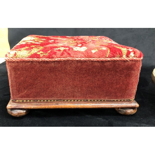 2190 - A square foot stool with red floral fabric cushioned top, 32cm x 32cm, 15cm high and a circular foot... 