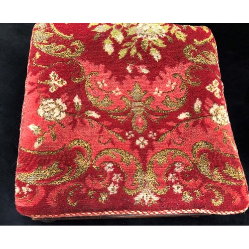 2190 - A square foot stool with red floral fabric cushioned top, 32cm x 32cm, 15cm high and a circular foot... 