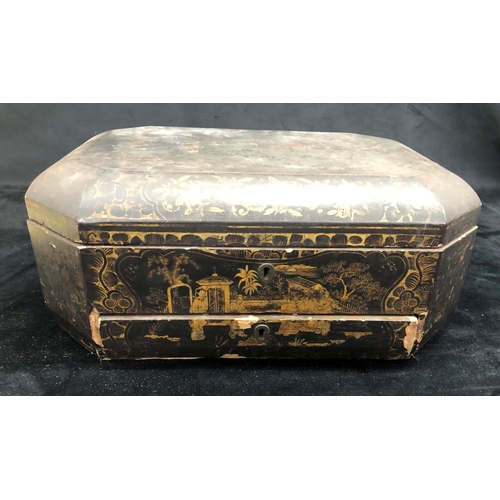 2194 - An Oriental black lacquered sewing box with hinged lid enclosing inner compartments.