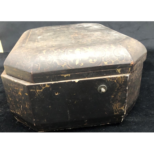 2194 - An Oriental black lacquered sewing box with hinged lid enclosing inner compartments.