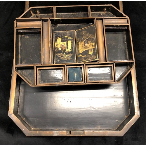 2194 - An Oriental black lacquered sewing box with hinged lid enclosing inner compartments.