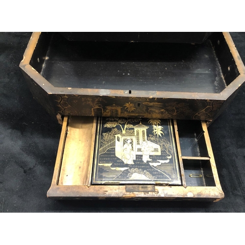 2194 - An Oriental black lacquered sewing box with hinged lid enclosing inner compartments.