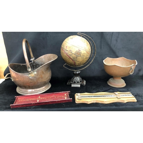 2215 - A copper and brass coal skuttle with swing handle, a punch bowl, a globe on wood stand and 1 snooker... 