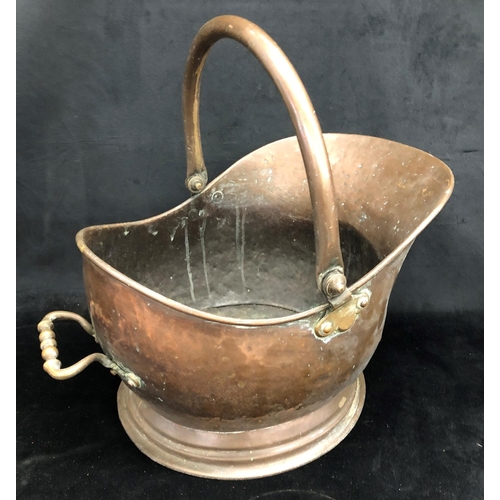 2215 - A copper and brass coal skuttle with swing handle, a punch bowl, a globe on wood stand and 1 snooker... 