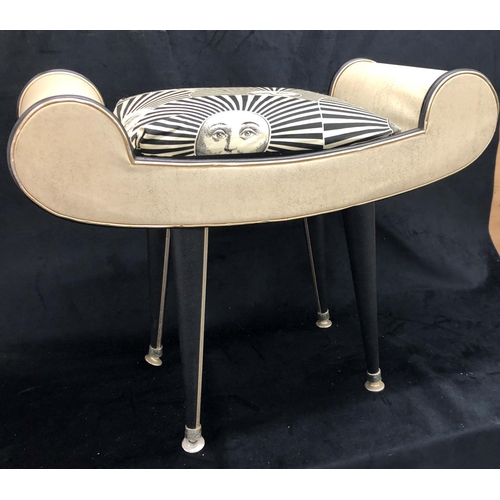 2219 - A vintage stool with white leather effect seat with metal edging and black and white padded cushion,... 