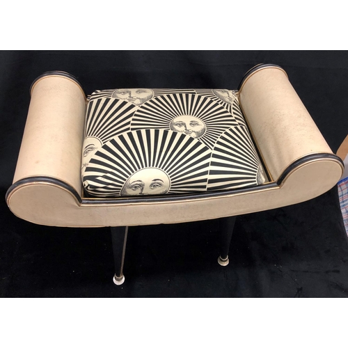 2219 - A vintage stool with white leather effect seat with metal edging and black and white padded cushion,... 