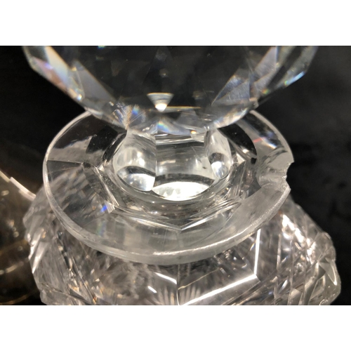 2239 - A pair of cut glass decanters 24.5cm high (1 rim chipped), another pair of cut glass decanters 26cm ... 