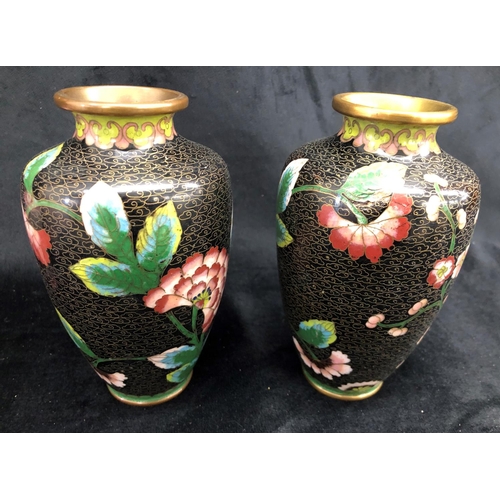 2247 - A pair of Cloisonné floral patterned vases, 16cm high, a pumpkin shaped box with lid and 2 Chinese c... 