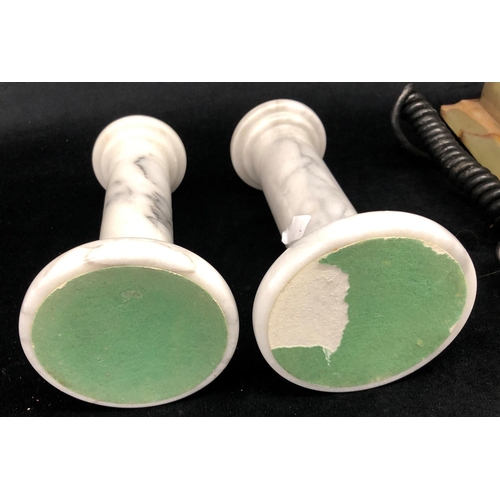 2264 - A pair of white and grey marble candlesticks, 15.5cm high  and a green marble reproduction telephone... 