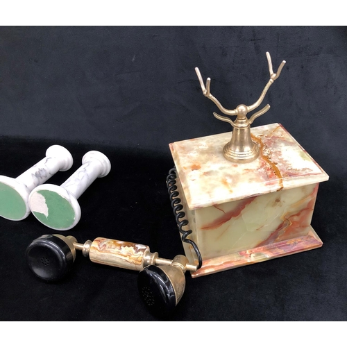 2264 - A pair of white and grey marble candlesticks, 15.5cm high  and a green marble reproduction telephone... 